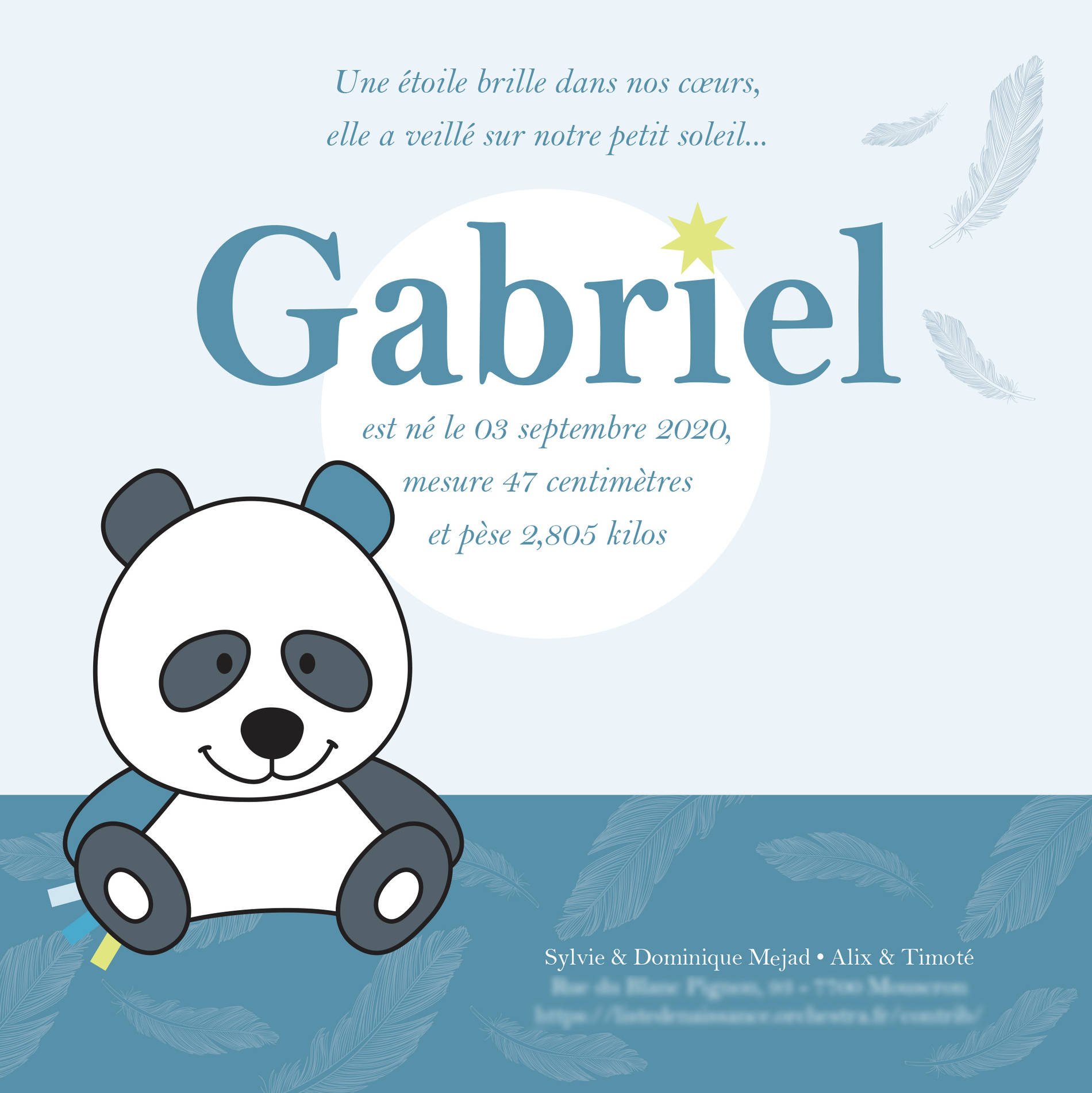 Graphic CRi - faire-part de naissance de Gabriel avec illustration panda